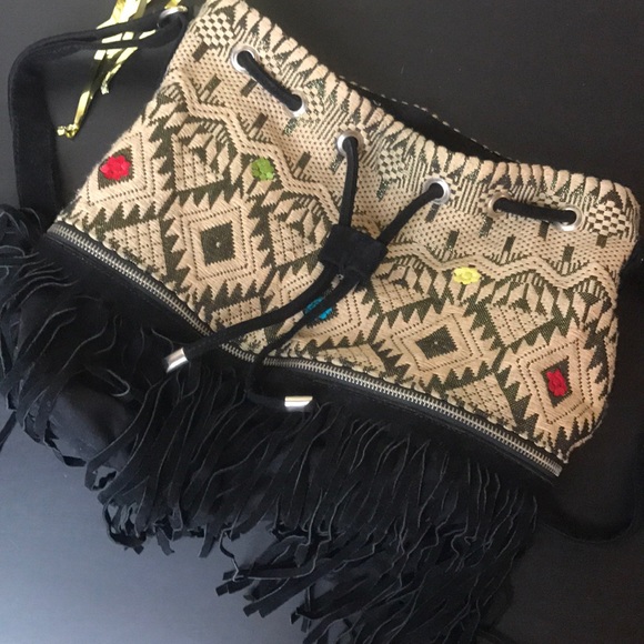 Ecote Handbags - Embroidered Hobo Bag with faux suede trim